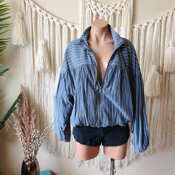 Lush Jackets & Blazers - Lush Bubble Sleeve Linen Look Stripe Track Jacket